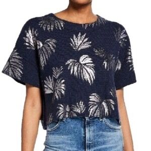Cinq a Sept Navy Silver Metallic Palm Leaf Wool Blend Short Sleeve Sweater XS